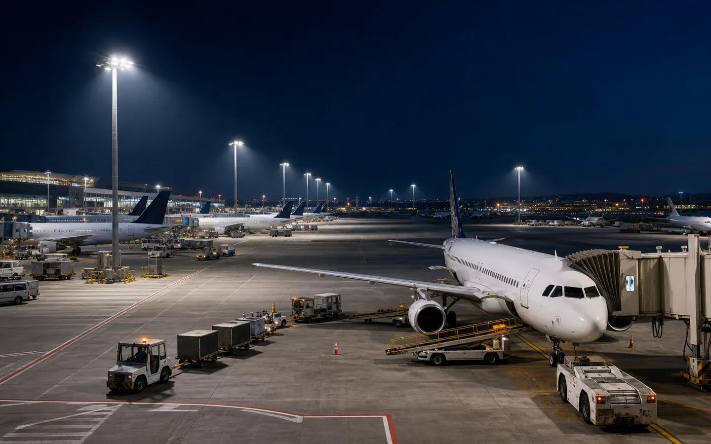 Shielded LED floodlights illuminating aircraft and ground service operations on an airport apron