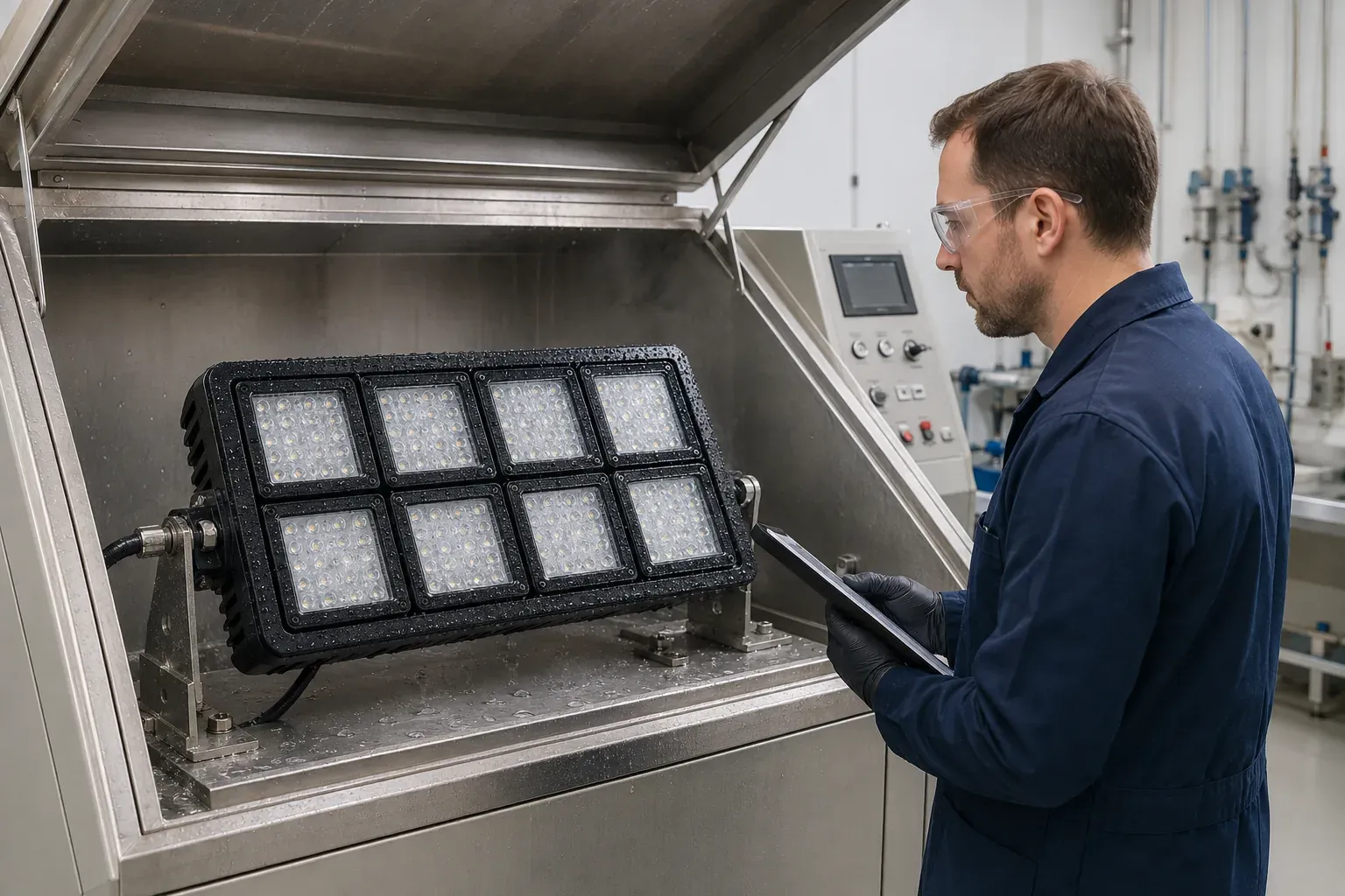 Engineer inspecting a complete coastal LED floodlight in a salt spray test chamber