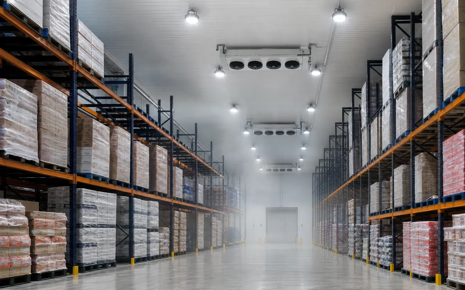 Sealed LED high bay lighting inside a cold storage warehouse aisle