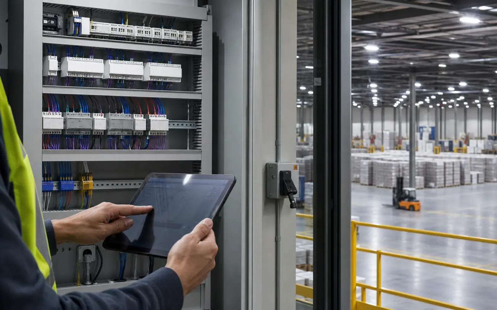 Industrial lighting control cabinet connecting DALI-2 and 0–10V LED high bays