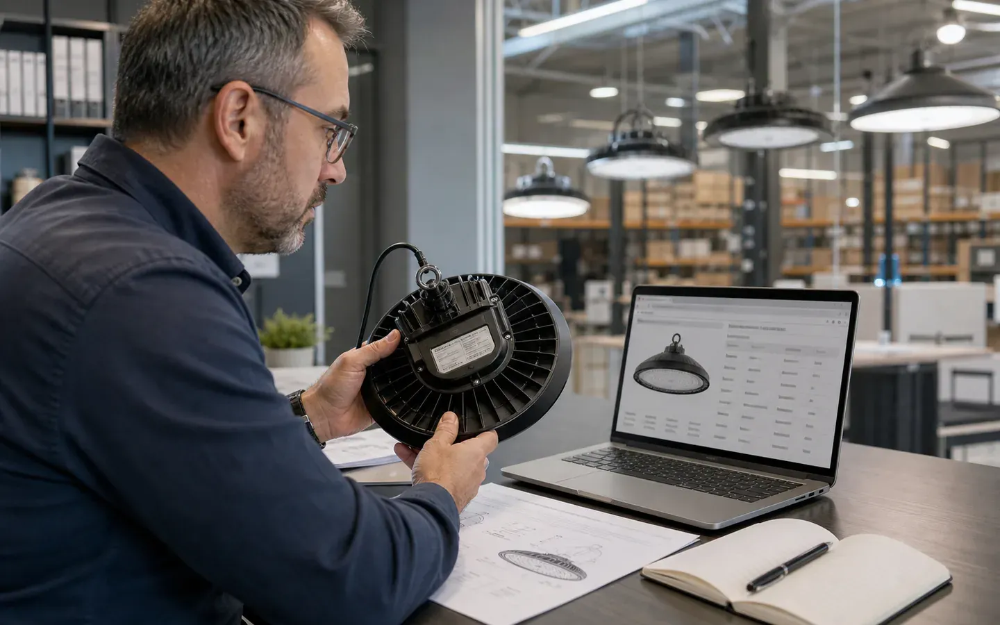 Lighting distributor comparing a high bay model label with an online qualified product record