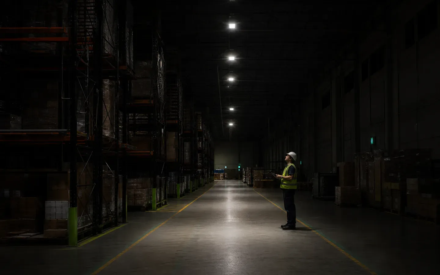 Emergency backup high bay maintaining an illuminated warehouse egress route during a power outage