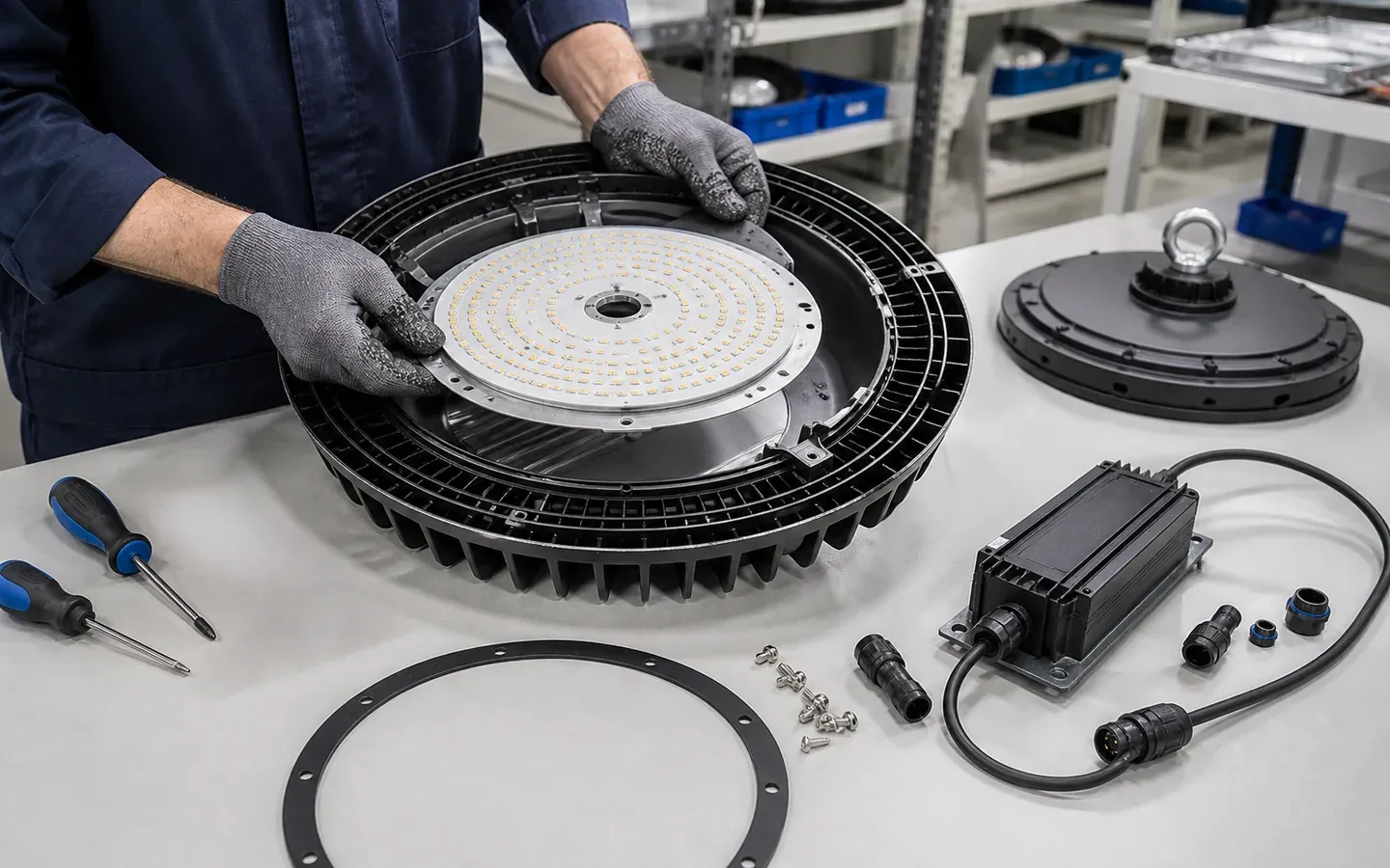 Industrial LED luminaire opened for qualified-person replacement of its driver and LED module