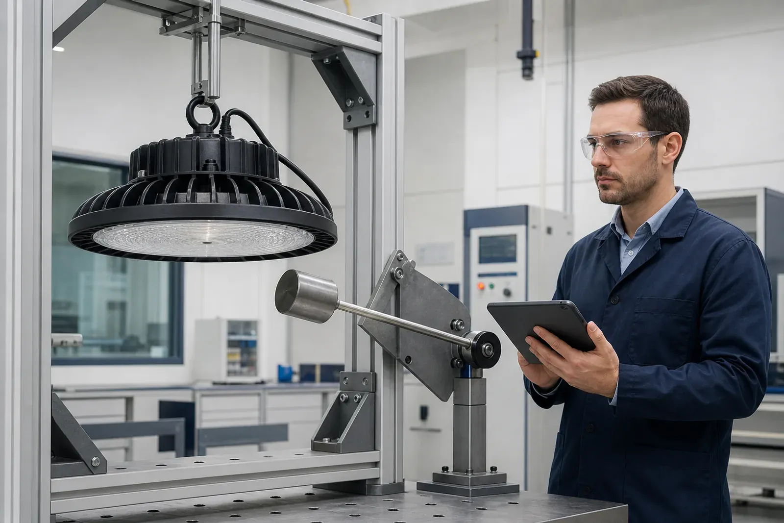 Engineer reviewing a controlled impact test on an industrial UFO LED high bay luminaire