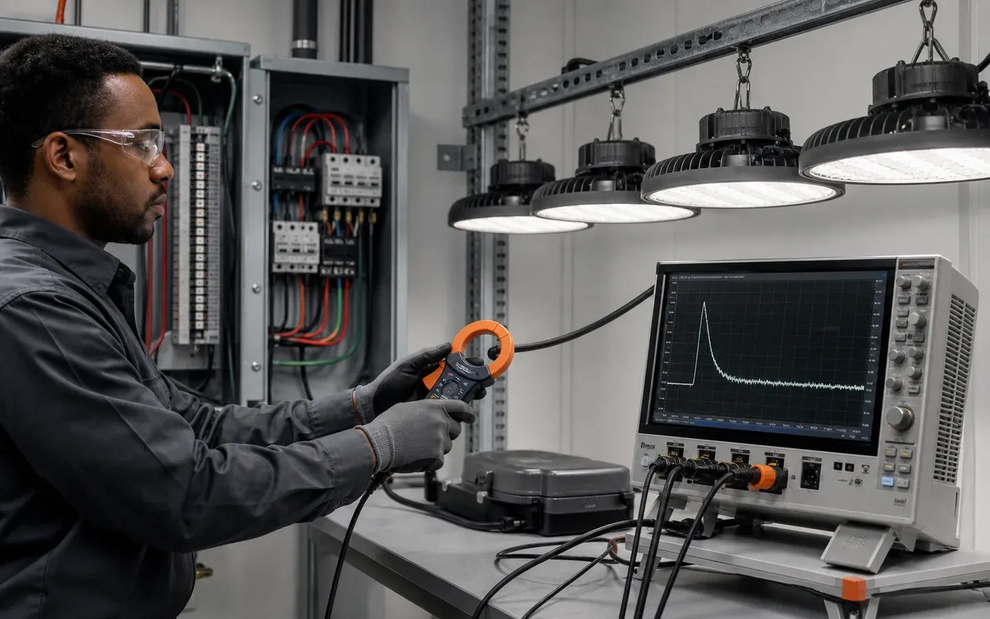 Electrical engineer measuring startup inrush current on an industrial LED high-bay circuit