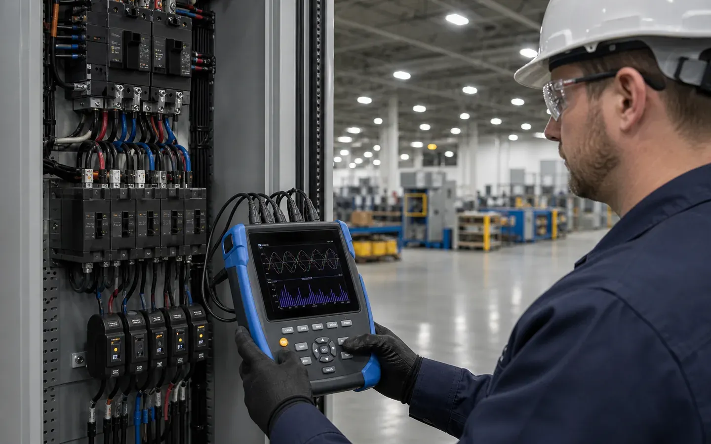 Power quality analyzer measuring an industrial LED high-bay lighting panel