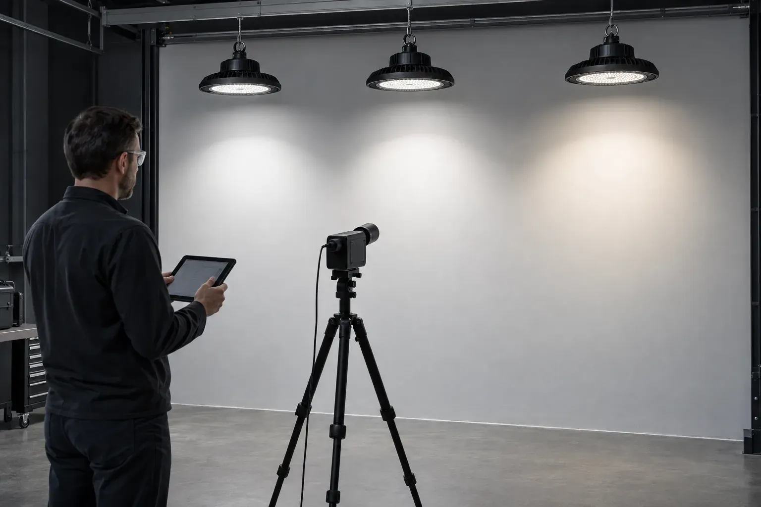 Engineer comparing three LED high bay luminaires with a spectroradiometer in a lighting laboratory