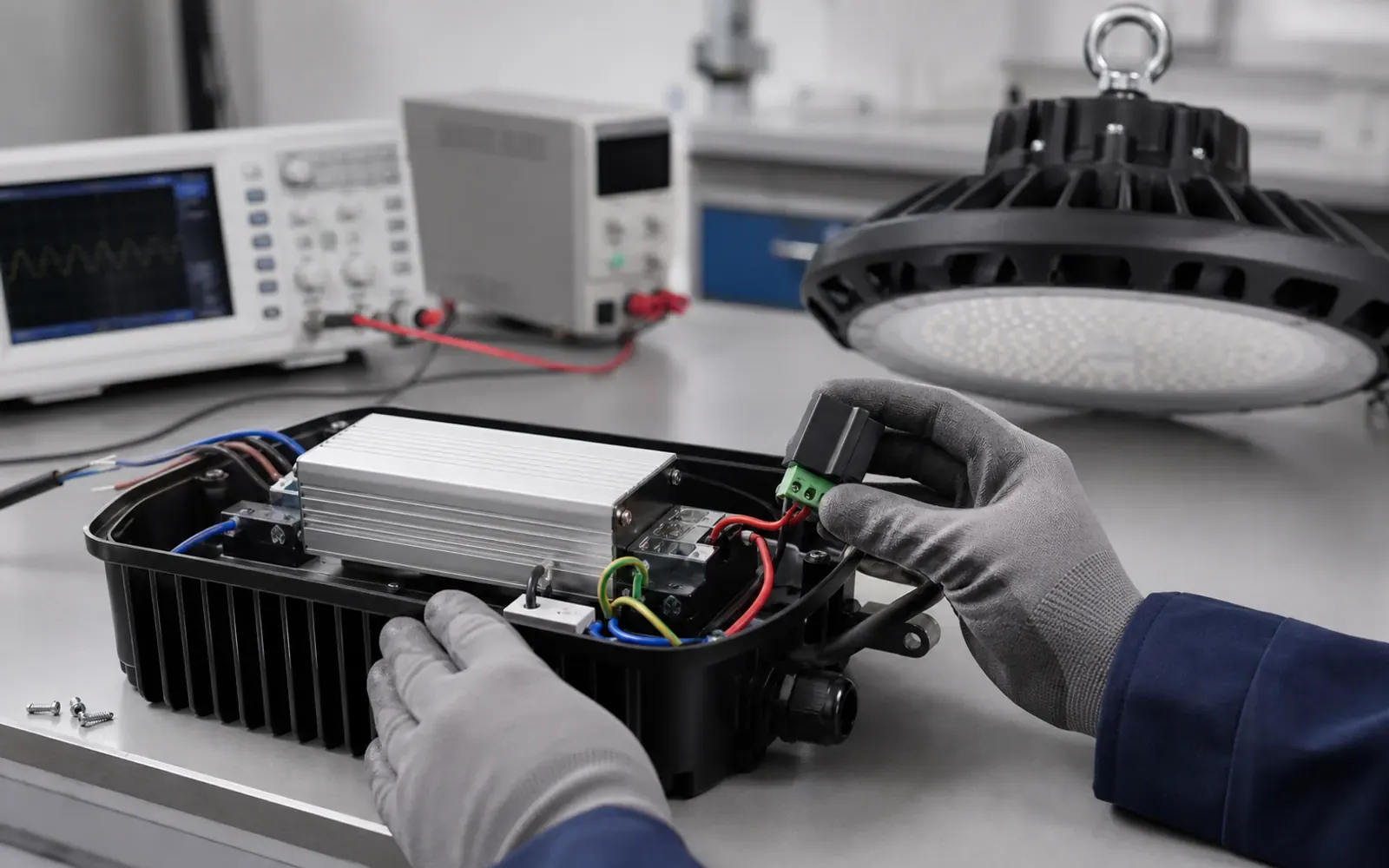 Industrial LED high bay driver and surge protective device in an electrical test setup