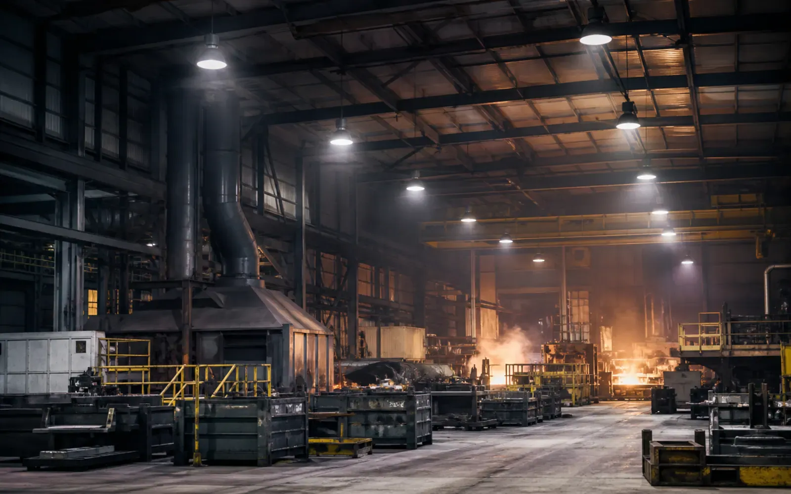 Heat-resistant LED high bay lighting above a heavy industrial production area