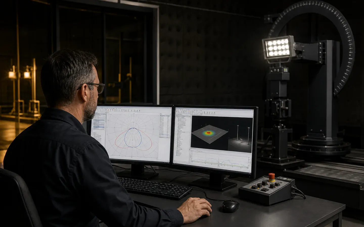 Lighting engineer validating an industrial floodlight photometric file against laboratory data