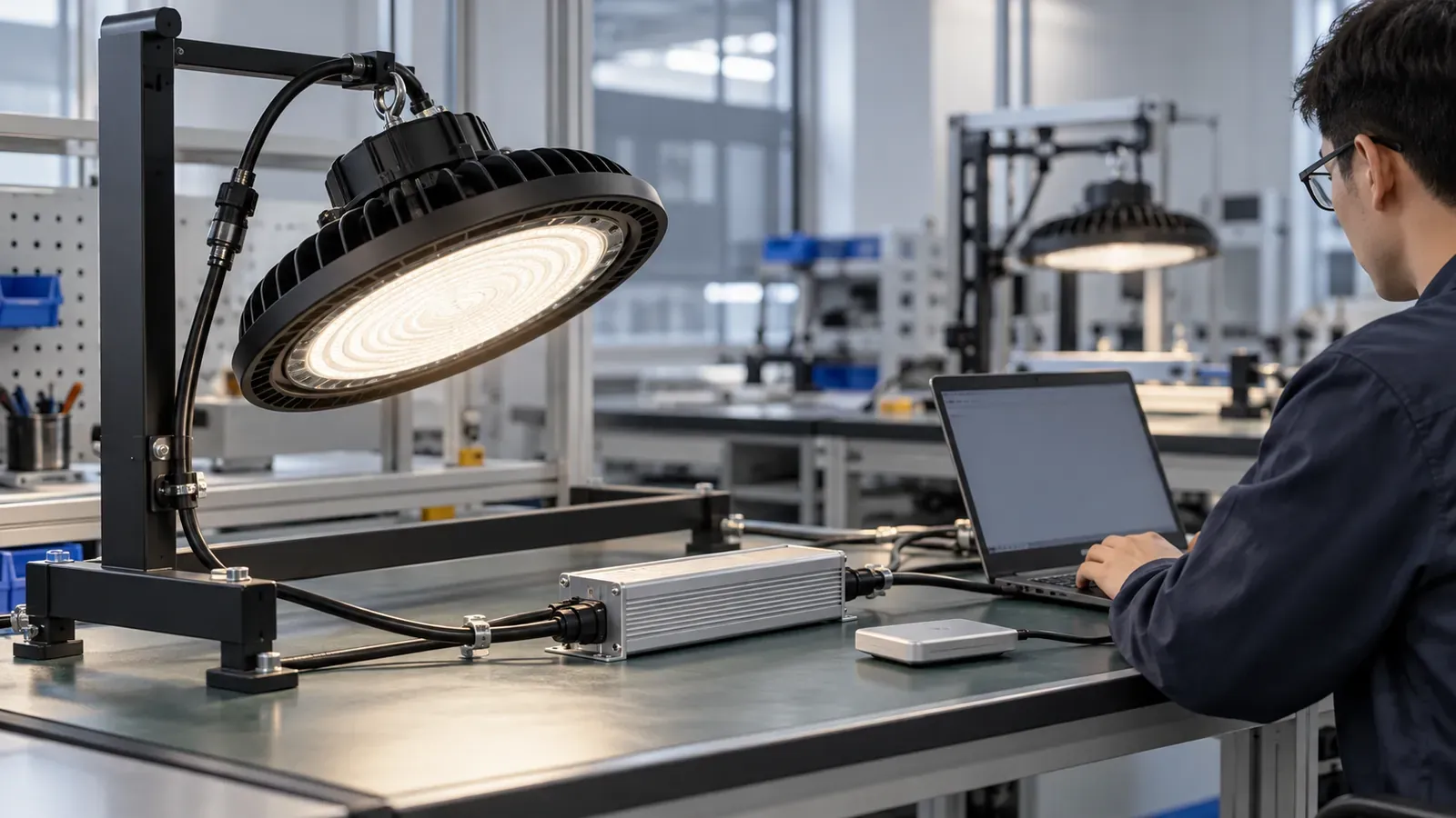 Illustration of an engineer checking a programmable LED driver and a complete high bay in a lighting laboratory
