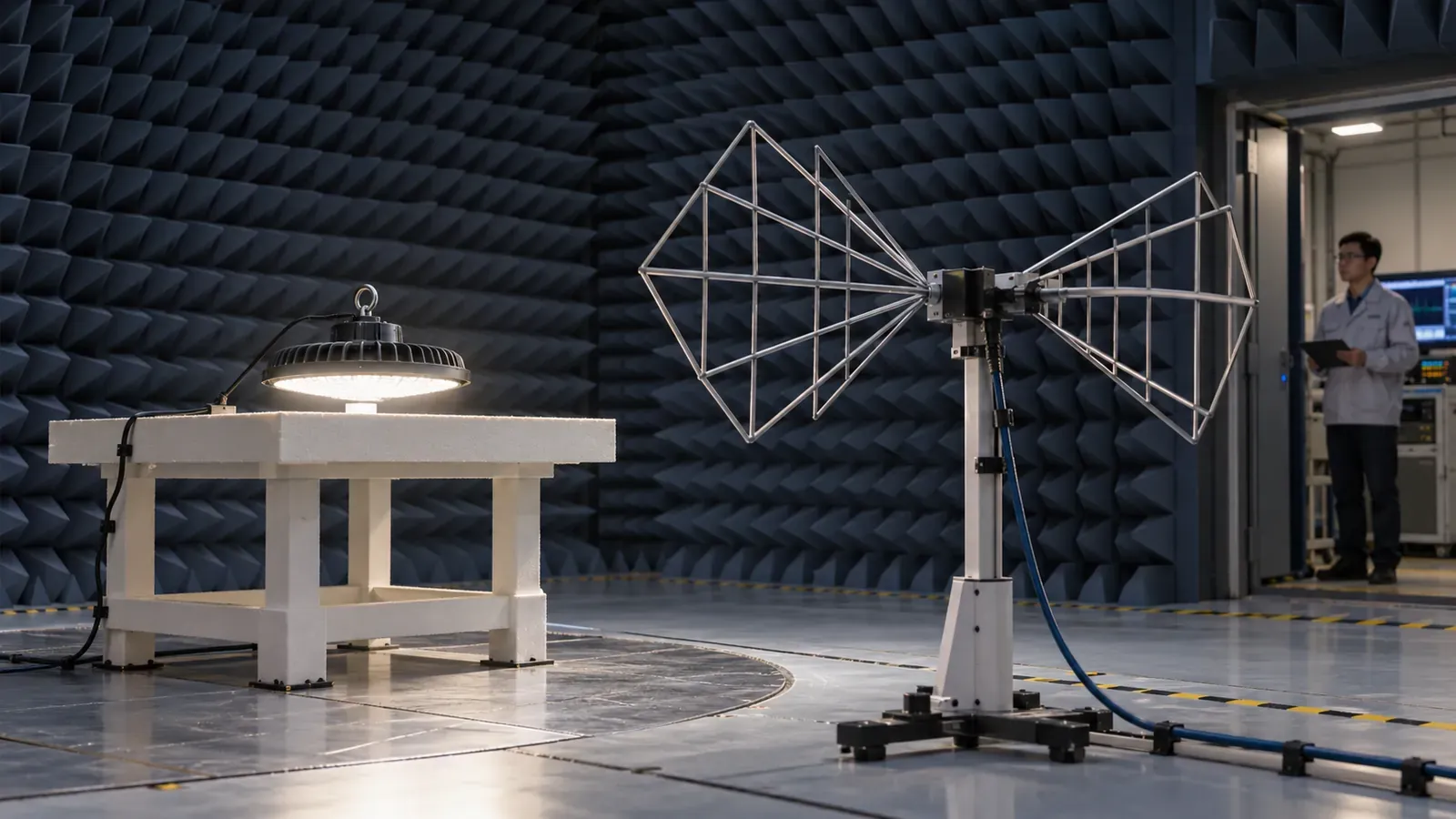 Illustration of a powered LED high bay and a measurement antenna in an EMC test chamber