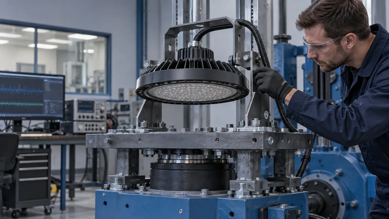 Engineer inspecting a complete LED high bay on a vibration test fixture