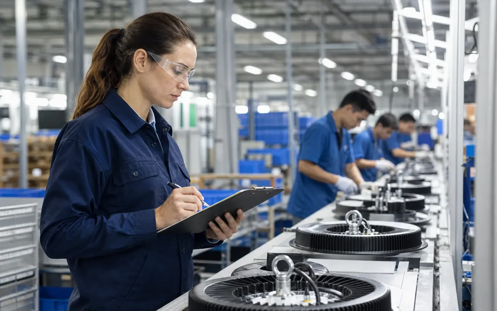 Quality engineer auditing an industrial LED luminaire assembly line