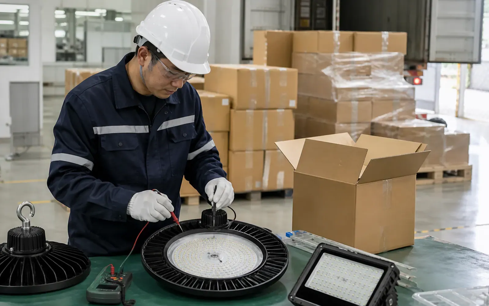 Inspector checking industrial LED floodlights before export shipment