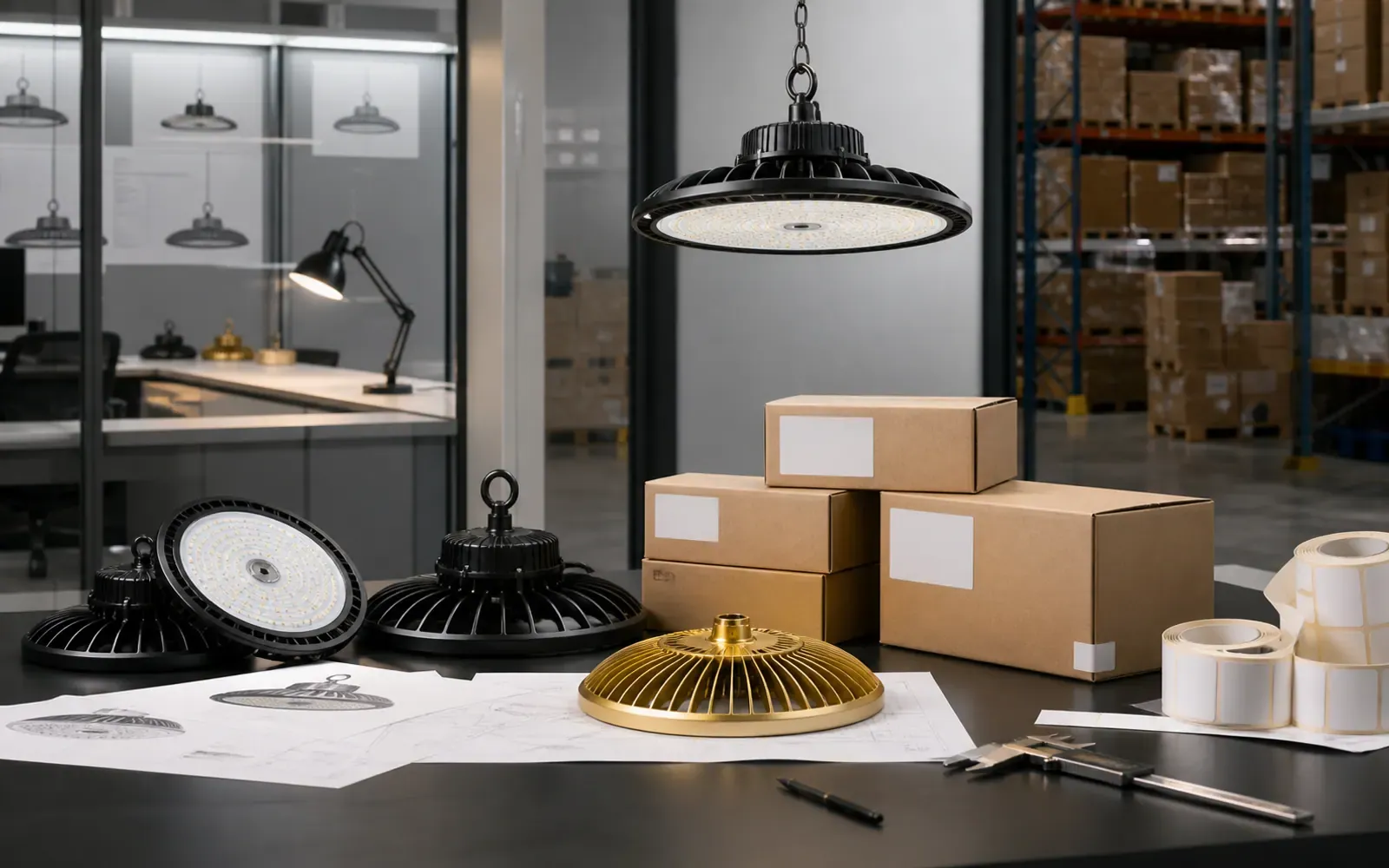 Industrial LED high bay private-label packaging and controlled product samples