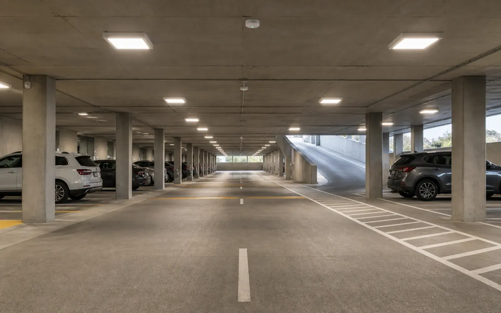 Parking garage with low-glare LED canopy lights and occupancy sensor zones
