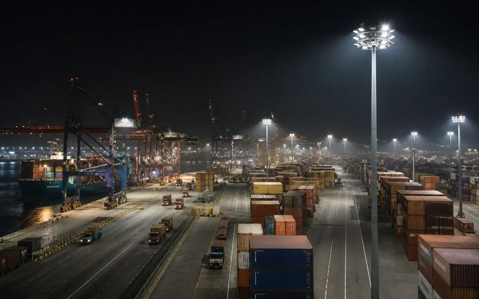 High-mast LED floodlights illuminating a coastal container yard at night