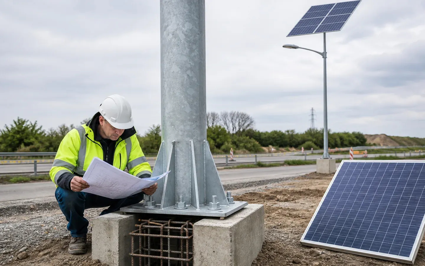 Structural engineer reviewing a solar street light pole, panel wind area and concrete foundation