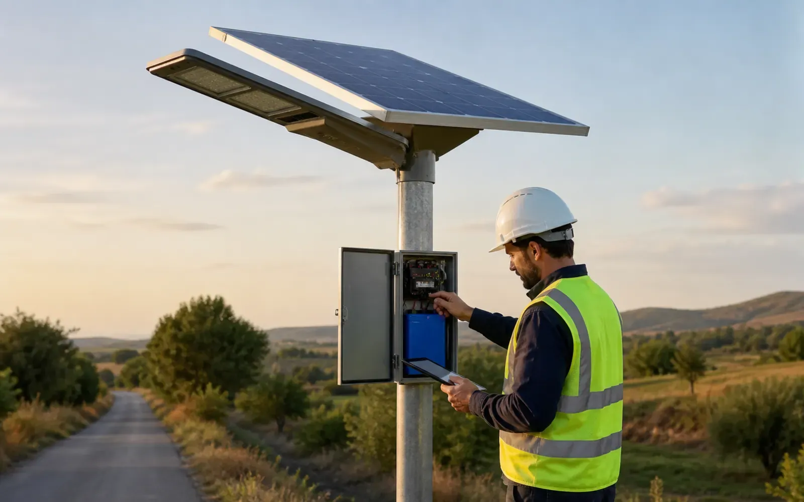 Engineer reviewing solar street light panel and LiFePO4 battery sizing data