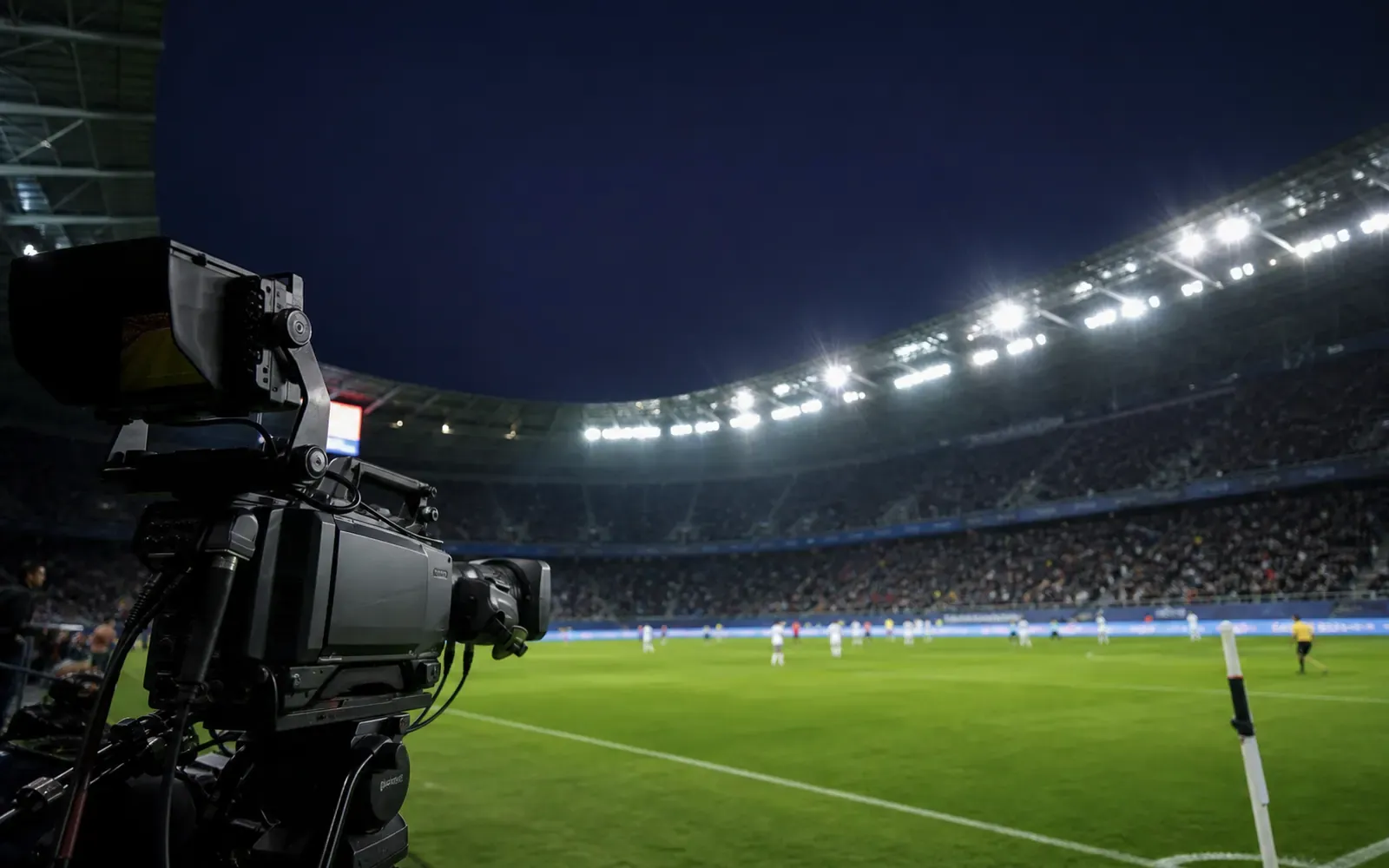 Sports stadium LED floodlights illuminating a high-speed broadcast camera