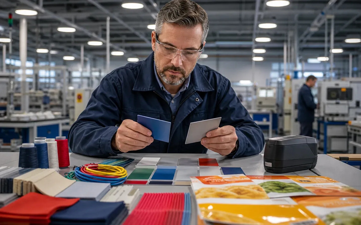 Quality inspector comparing colored manufactured parts under high-bay factory lighting