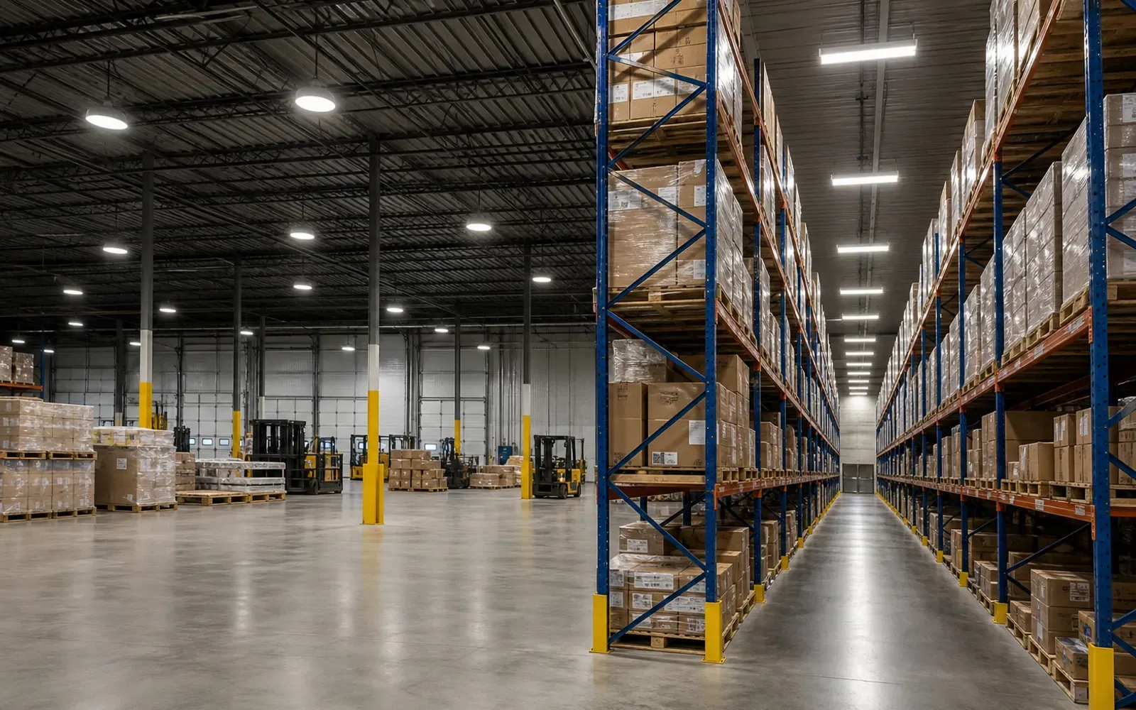 Warehouse rack aisle comparing round UFO and linear LED high bay distributions