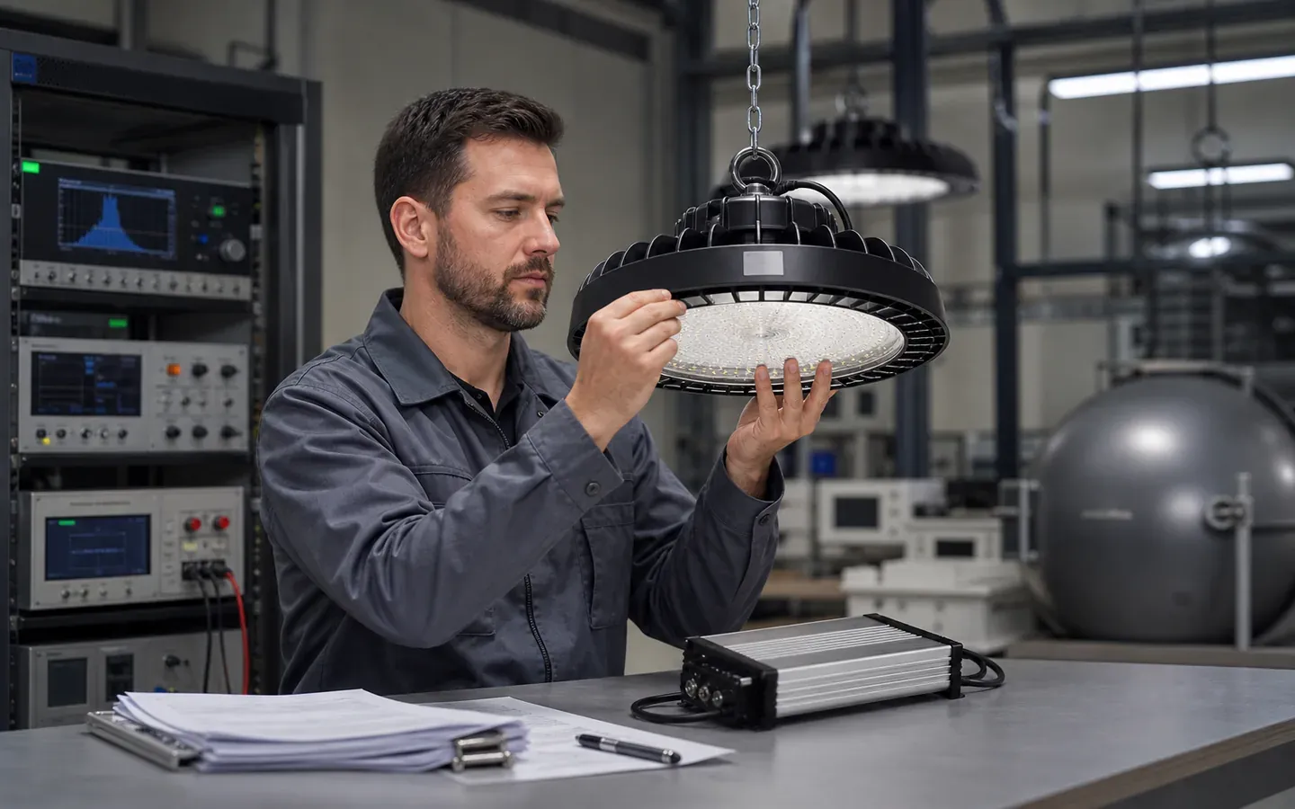 Compliance engineer checking an industrial LED high bay label and certification documents