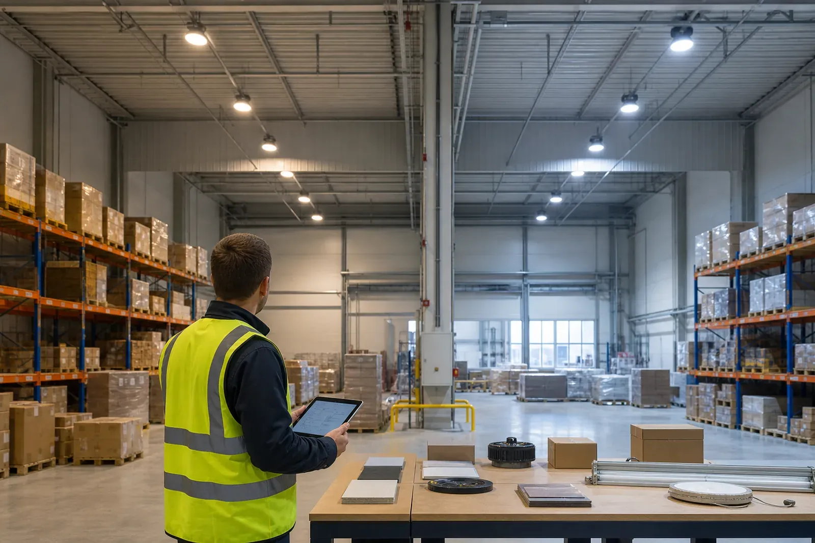 Lighting engineer comparing neutral 4000K and cool 5000K LED high bay sample zones in a warehouse