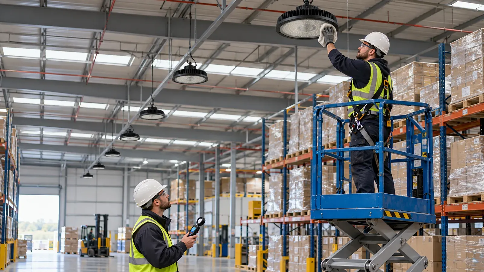 Warehouse engineer cleaning an LED high bay while a colleague checks illuminance with a light meter
