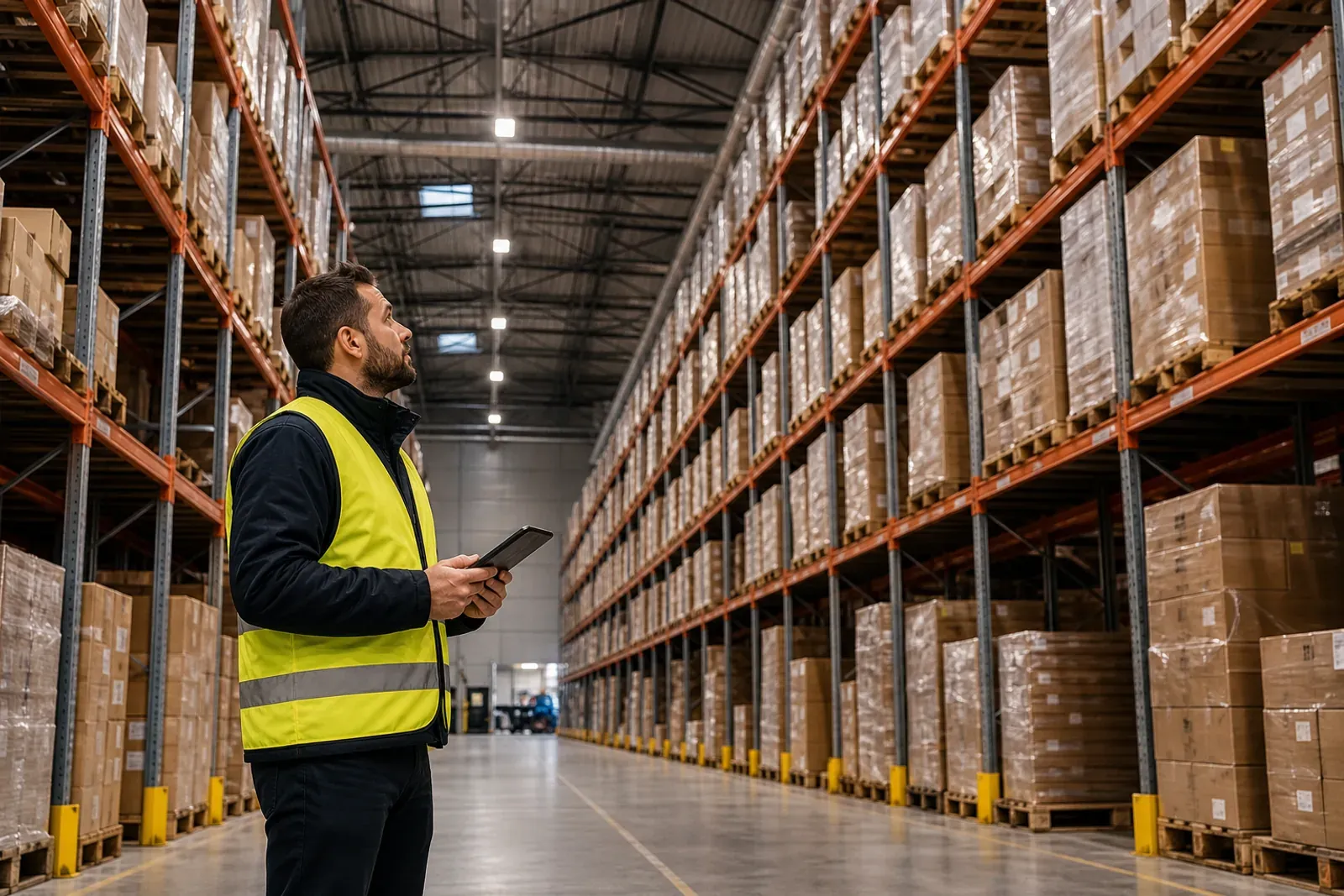 Lighting engineer evaluating LED high bay glare in a warehouse rack aisle