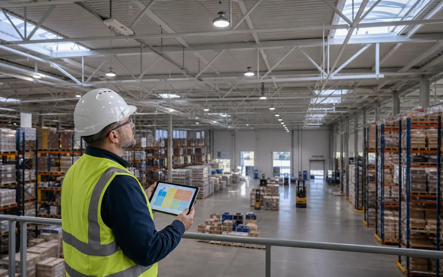 Warehouse plan showing daylight and occupancy control zones beneath LED high bays