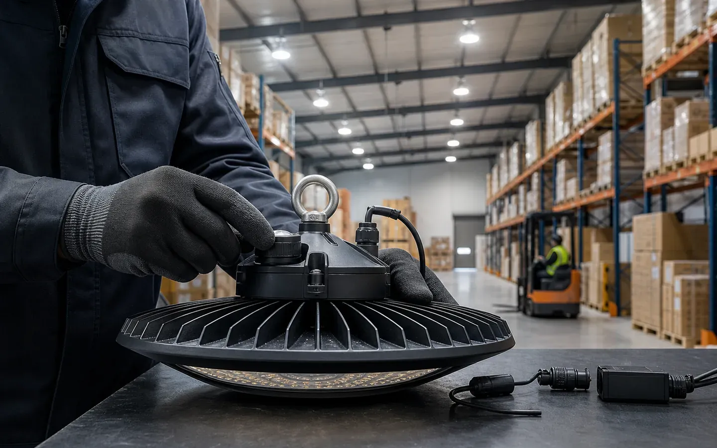 Smart industrial high bay with a replaceable sensor node being commissioned in a warehouse