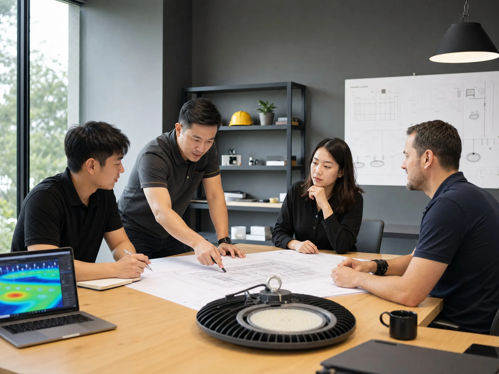 Industrial lighting engineers reviewing a project