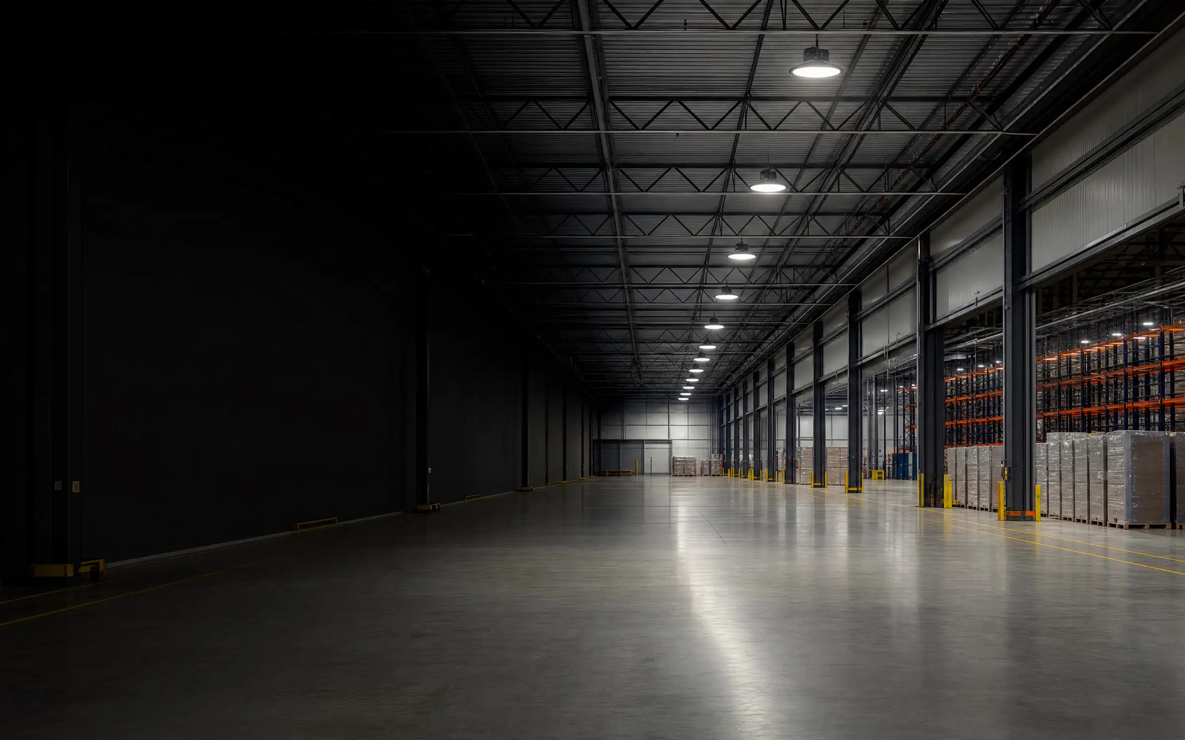 Industrial warehouse illuminated by LED lighting